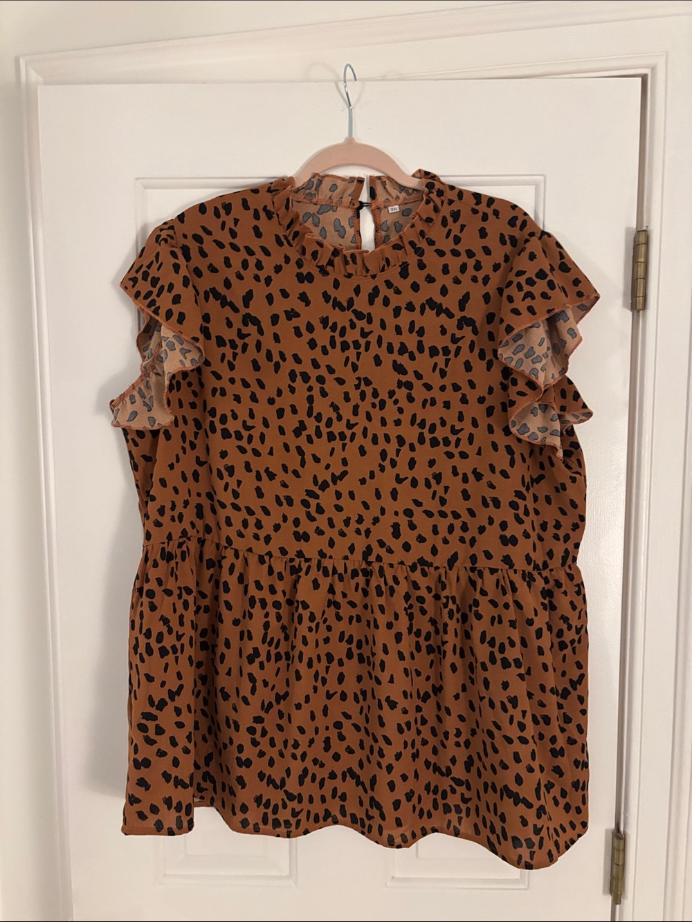 Womens Brown Leopard Print Ruffle Sleeve Blouse